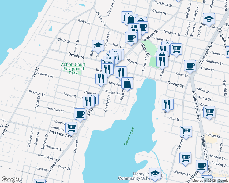 map of restaurants, bars, coffee shops, grocery stores, and more near 852 Charles Street in Fall River