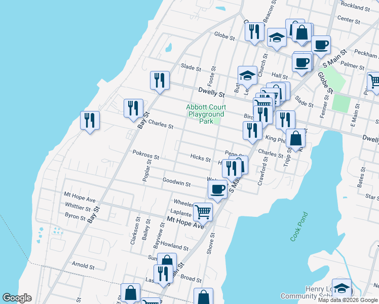 map of restaurants, bars, coffee shops, grocery stores, and more near 526 Hicks Street in Fall River