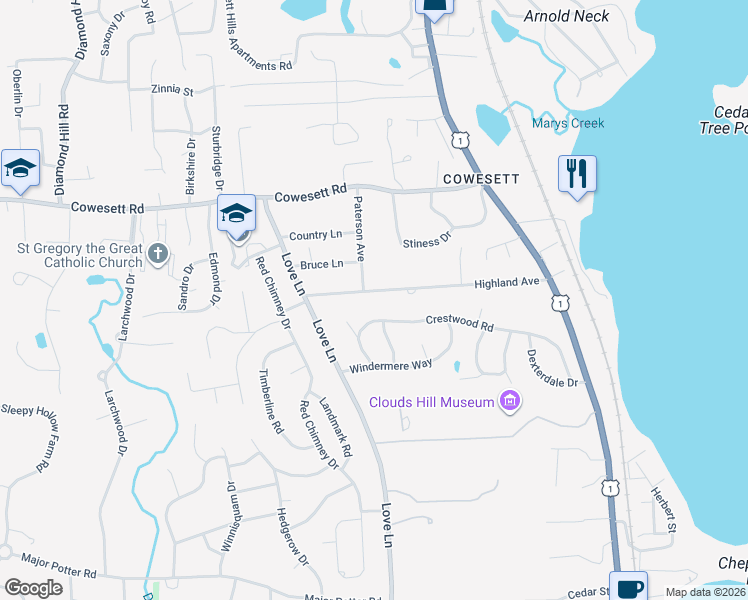 map of restaurants, bars, coffee shops, grocery stores, and more near 206 Highland Avenue in Warwick
