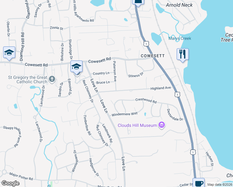 map of restaurants, bars, coffee shops, grocery stores, and more near 206 Highland Avenue in Warwick