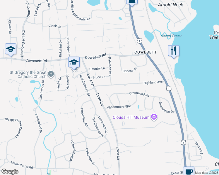 map of restaurants, bars, coffee shops, grocery stores, and more near 258 Highland Avenue in Warwick