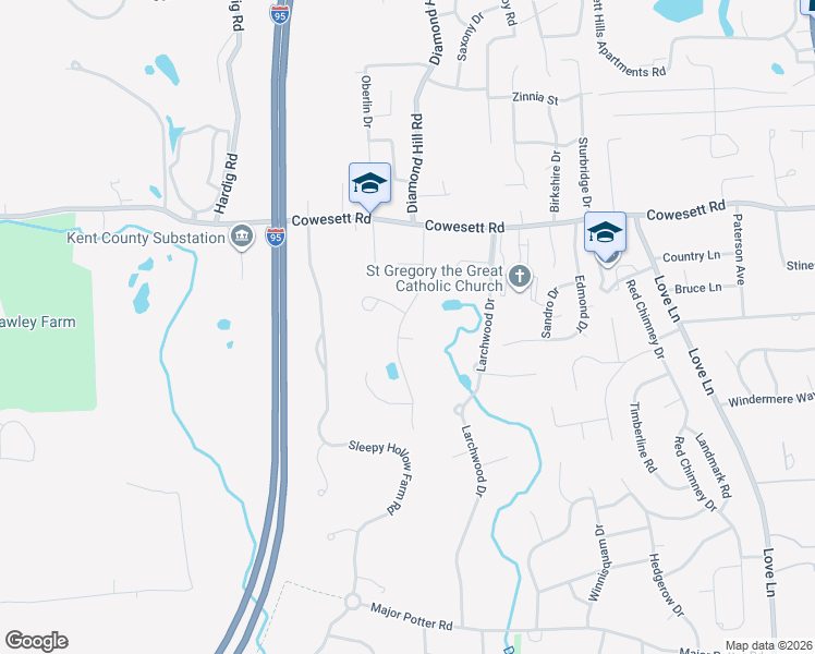 map of restaurants, bars, coffee shops, grocery stores, and more near 5 Green Meadow Drive in Warwick