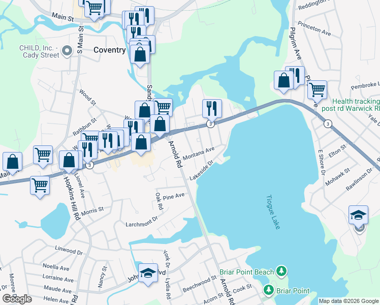 map of restaurants, bars, coffee shops, grocery stores, and more near 41 Arizona Street in Coventry