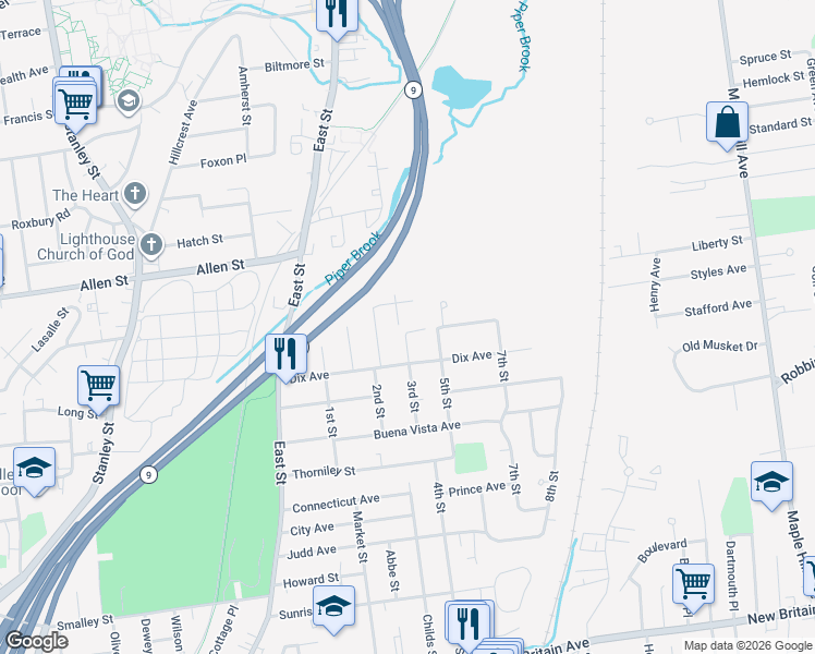 map of restaurants, bars, coffee shops, grocery stores, and more near 10 Lester Street in New Britain
