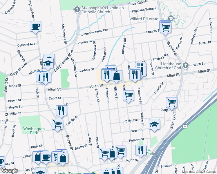 map of restaurants, bars, coffee shops, grocery stores, and more near 295 Tremont Street in New Britain