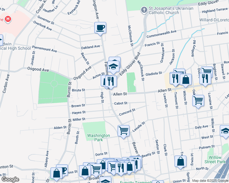 map of restaurants, bars, coffee shops, grocery stores, and more near 14 Allen Street in New Britain