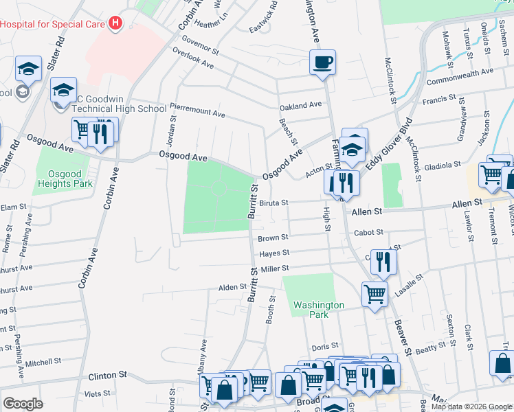 map of restaurants, bars, coffee shops, grocery stores, and more near 637 Burritt Street in New Britain