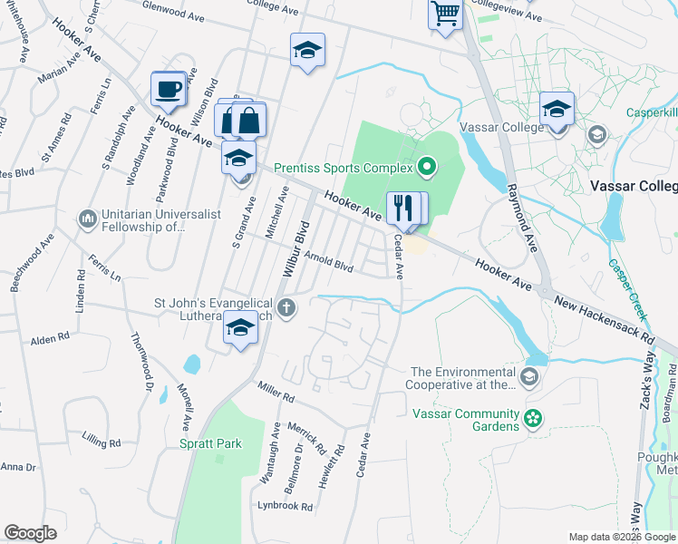 map of restaurants, bars, coffee shops, grocery stores, and more near 32 Arnold Boulevard in Poughkeepsie