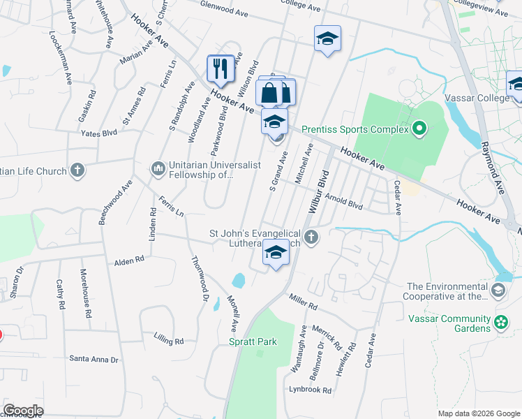 map of restaurants, bars, coffee shops, grocery stores, and more near 214 South Grand Avenue in Poughkeepsie