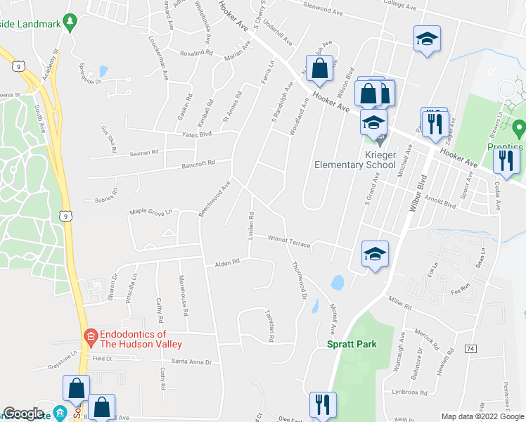 map of restaurants, bars, coffee shops, grocery stores, and more near 102 Ferris Lane in Poughkeepsie