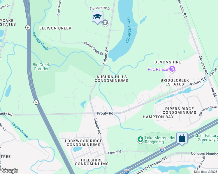 map of restaurants, bars, coffee shops, grocery stores, and more near 6871 Auburn Road in Painesville