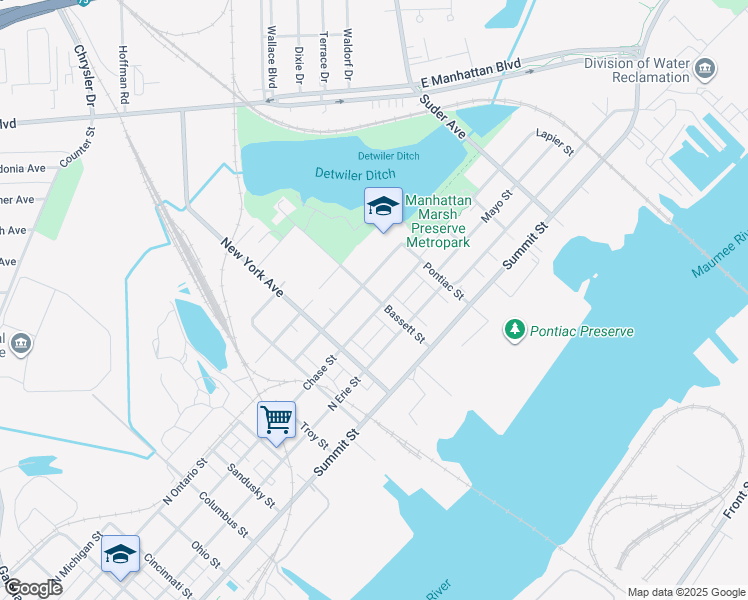 map of restaurants, bars, coffee shops, grocery stores, and more near 430 Bassett Street in Toledo