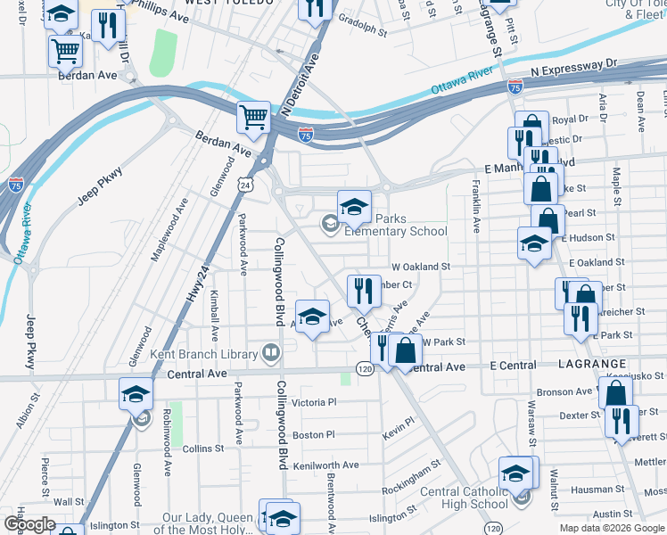 map of restaurants, bars, coffee shops, grocery stores, and more near 3302 Cherry Street in Toledo