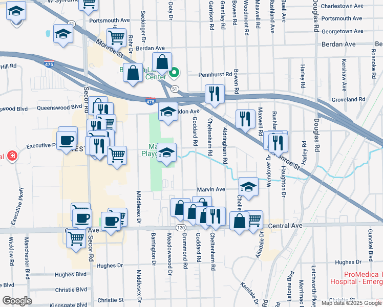 map of restaurants, bars, coffee shops, grocery stores, and more near 3332 Drummond Road in Toledo