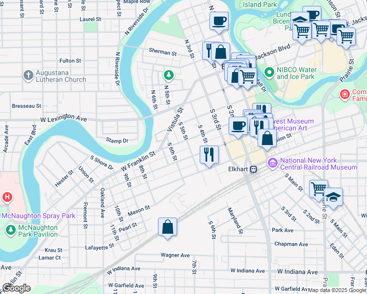 map of restaurants, bars, coffee shops, grocery stores, and more near 525 West Franklin Street in Elkhart