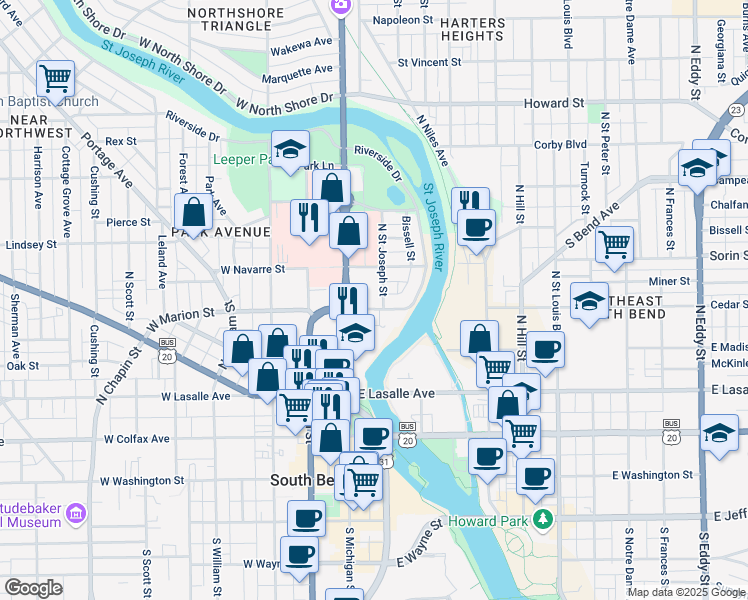 map of restaurants, bars, coffee shops, grocery stores, and more near 502 North Michigan Street in South Bend