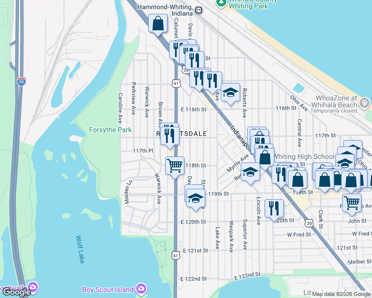 map of restaurants, bars, coffee shops, grocery stores, and more near 1725 Davis Avenue in Whiting