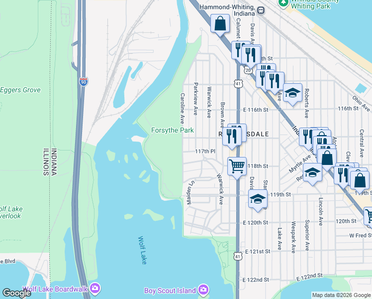 map of restaurants, bars, coffee shops, grocery stores, and more near 1725 Caroline Avenue in Whiting