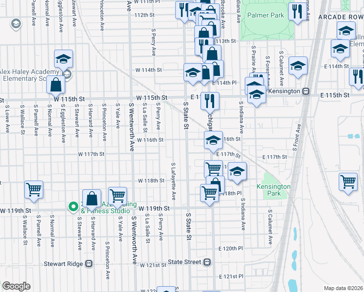 map of restaurants, bars, coffee shops, grocery stores, and more near 11611 South State Street in Chicago