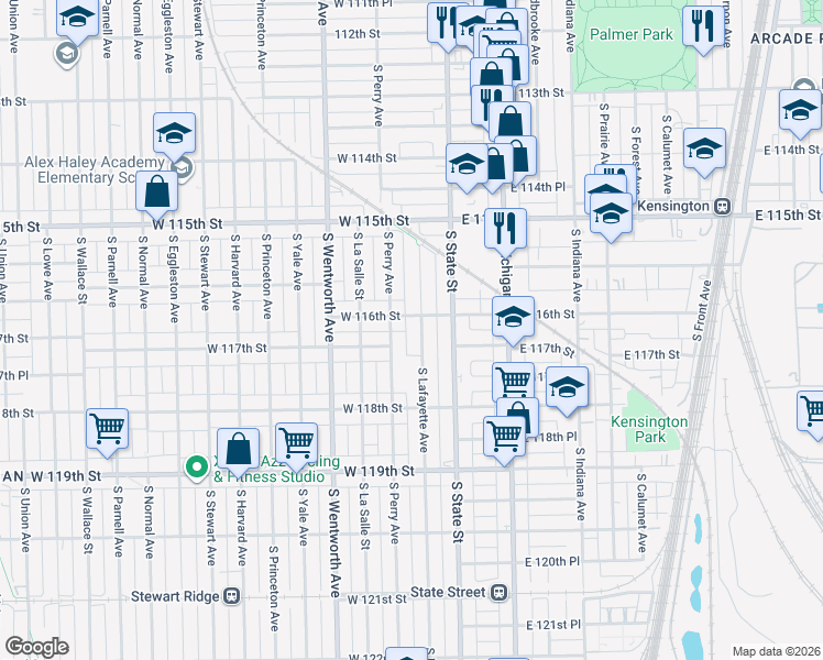 map of restaurants, bars, coffee shops, grocery stores, and more near 11614 South Lafayette Avenue in Chicago