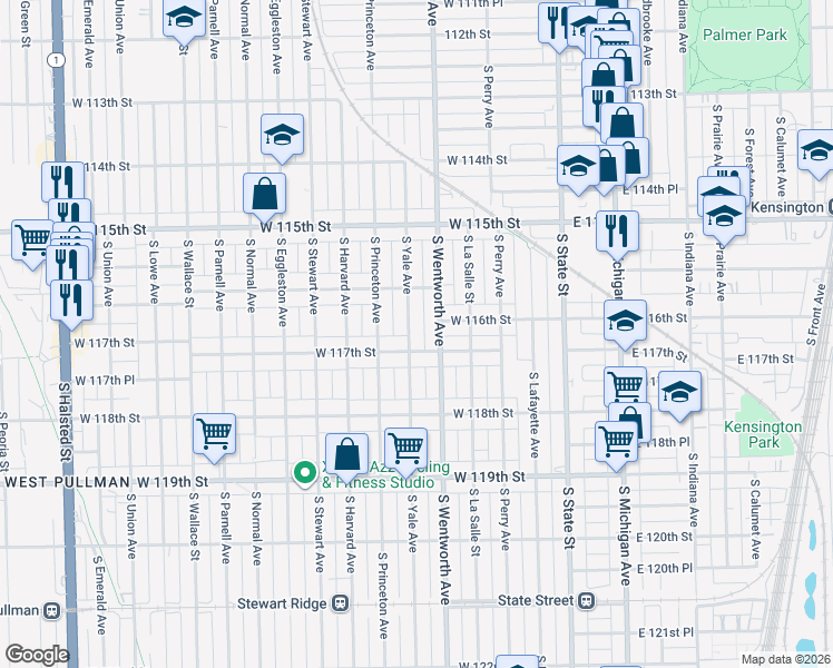 map of restaurants, bars, coffee shops, grocery stores, and more near 11649 South Yale Avenue in Chicago