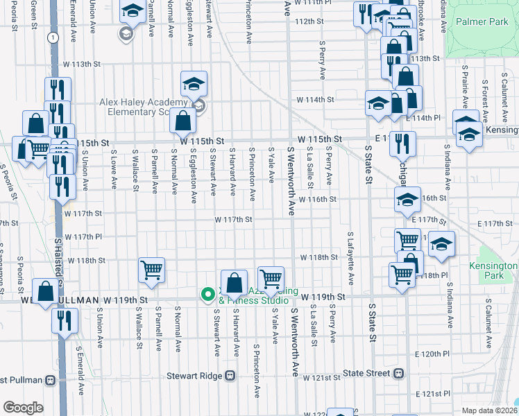 map of restaurants, bars, coffee shops, grocery stores, and more near 11644 South Princeton Avenue in Chicago