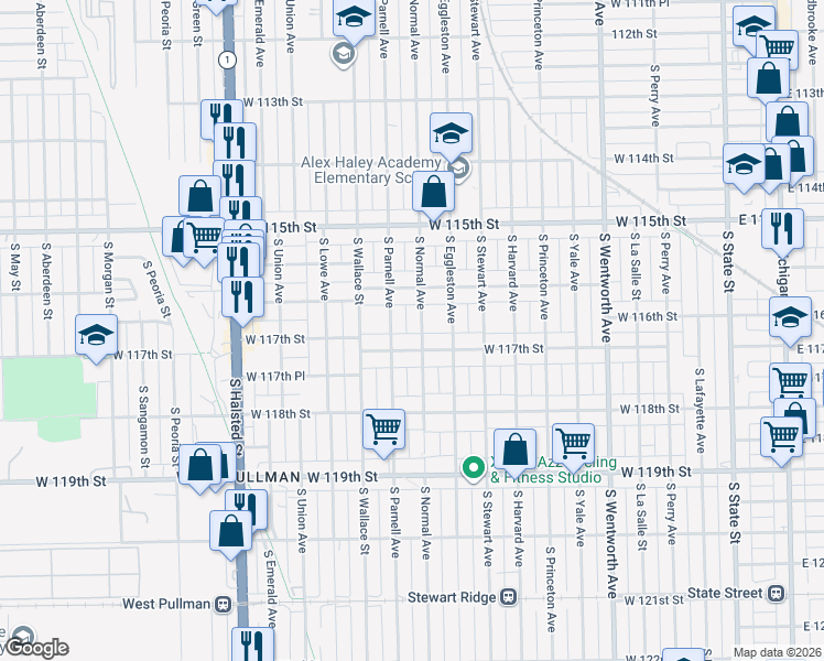 map of restaurants, bars, coffee shops, grocery stores, and more near 456 West 117th Street in Chicago