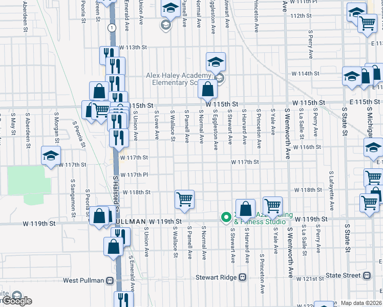 map of restaurants, bars, coffee shops, grocery stores, and more near 11645 South Parnell Avenue in Chicago
