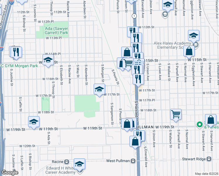 map of restaurants, bars, coffee shops, grocery stores, and more near 11641 South Morgan Street in Chicago
