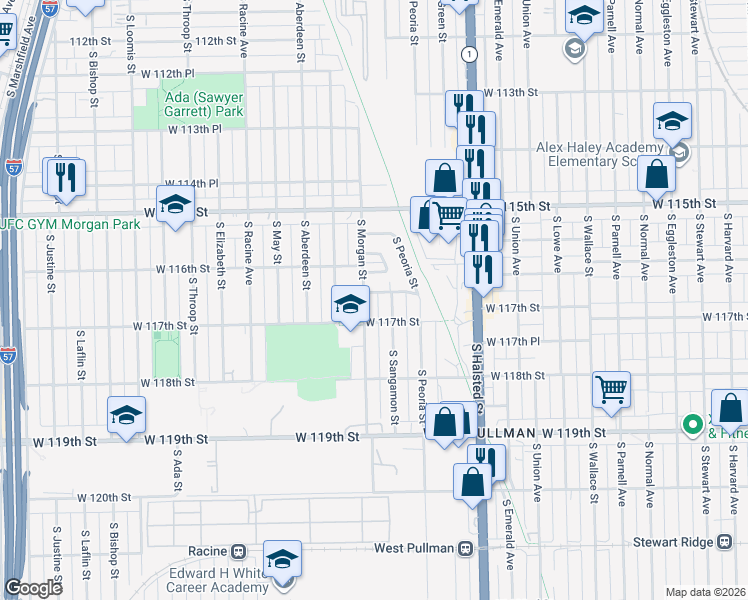map of restaurants, bars, coffee shops, grocery stores, and more near 11641 South Morgan Street in Chicago
