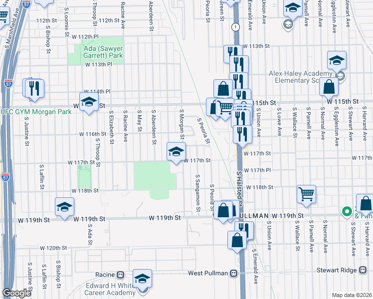 map of restaurants, bars, coffee shops, grocery stores, and more near 11641 South Morgan Street in Chicago