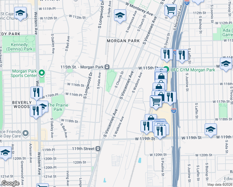map of restaurants, bars, coffee shops, grocery stores, and more near 1958 West 117th Street in Chicago