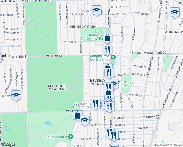 map of restaurants, bars, coffee shops, grocery stores, and more near 11621 South Maplewood Avenue in Chicago