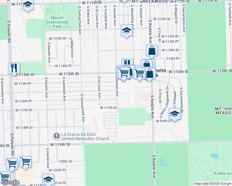 map of restaurants, bars, coffee shops, grocery stores, and more near 3357 West Merrion Lane in Merrionette Park