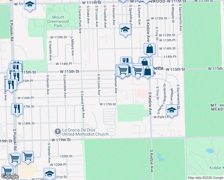 map of restaurants, bars, coffee shops, grocery stores, and more near 3429 West 116th Street in Chicago