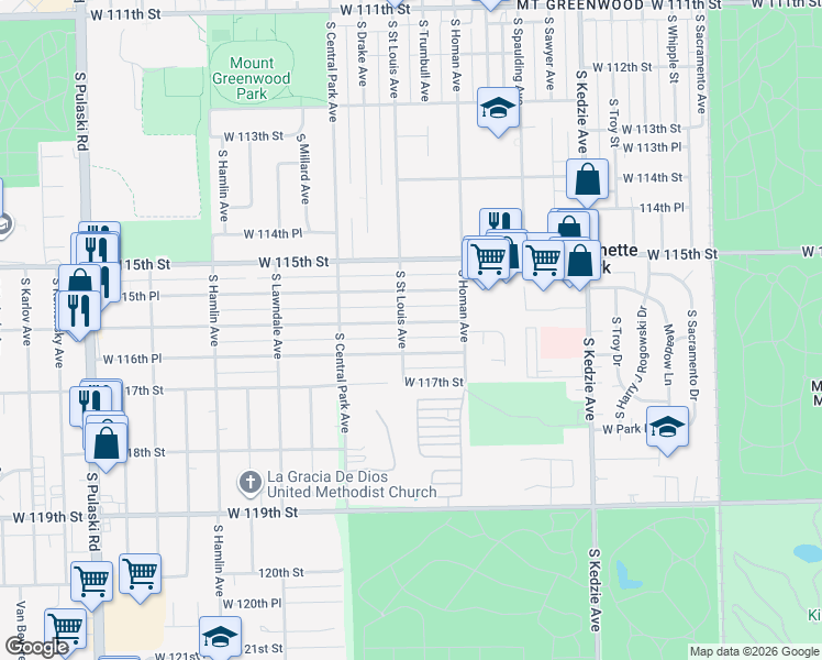 map of restaurants, bars, coffee shops, grocery stores, and more near 3503 West 116th Street in Chicago