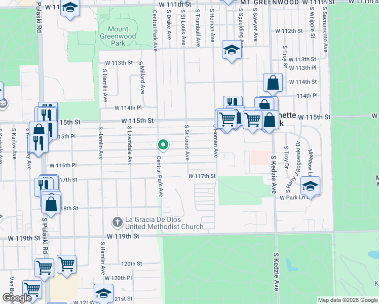 map of restaurants, bars, coffee shops, grocery stores, and more near 3503 West 116th Street in Chicago