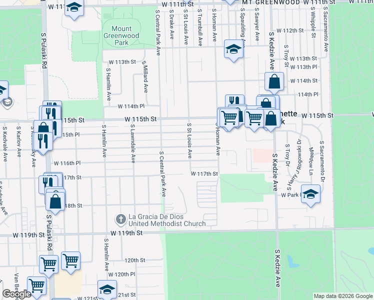 map of restaurants, bars, coffee shops, grocery stores, and more near 3503 West 116th Street in Chicago