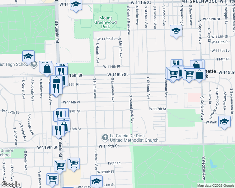 map of restaurants, bars, coffee shops, grocery stores, and more near 3647 West 116th Street in Chicago