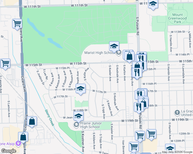 map of restaurants, bars, coffee shops, grocery stores, and more near 11611 South Kildare Avenue in Chicago