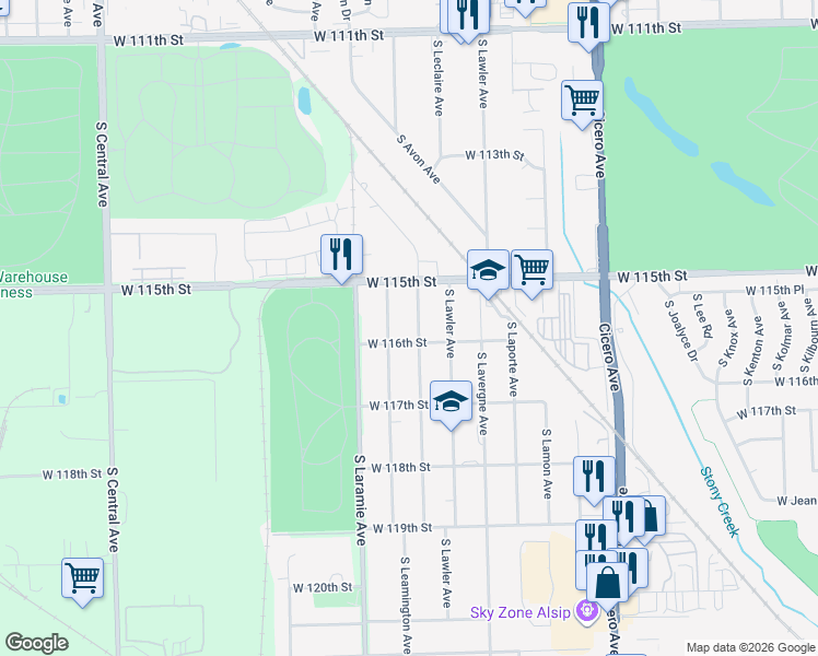 map of restaurants, bars, coffee shops, grocery stores, and more near 11550 South Leclaire Avenue in Alsip