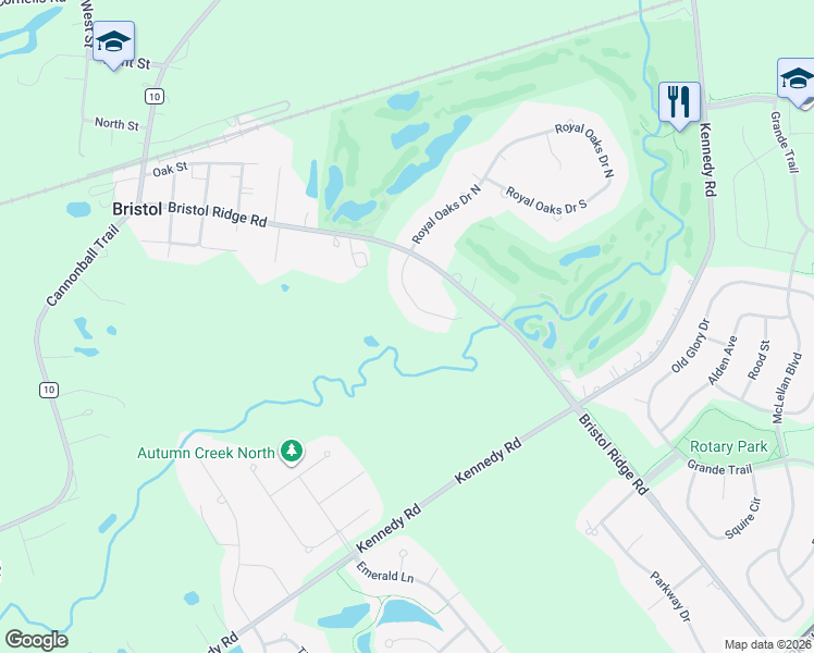 map of restaurants, bars, coffee shops, grocery stores, and more near 33 Royal Oaks Drive North in Bristol