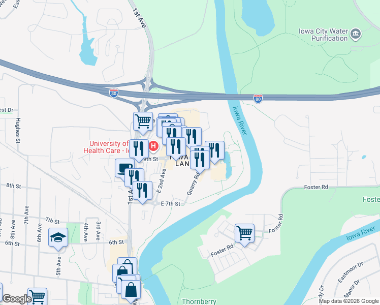 map of restaurants, bars, coffee shops, grocery stores, and more near in Coralville