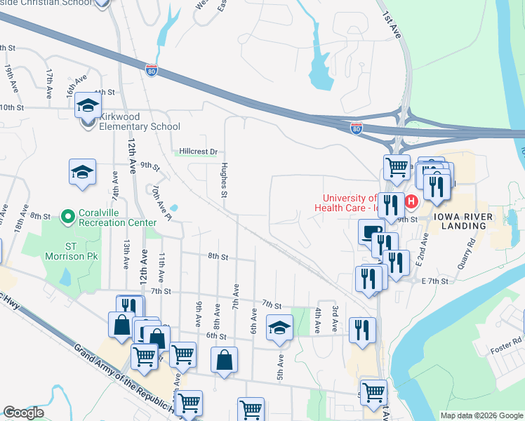 map of restaurants, bars, coffee shops, grocery stores, and more near 609 Fairchild Street in Coralville
