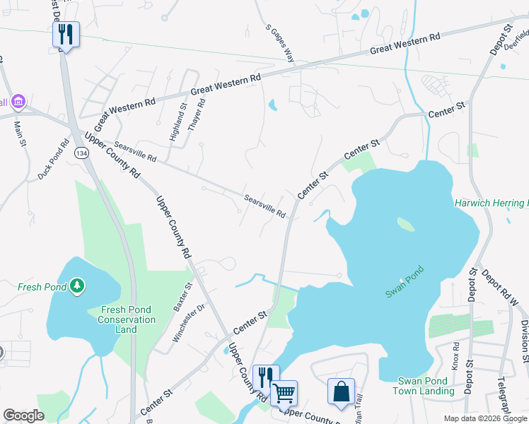 map of restaurants, bars, coffee shops, grocery stores, and more near 171 Searsville Road in Dennis