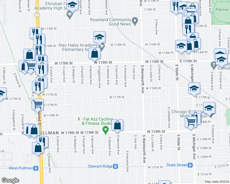 map of restaurants, bars, coffee shops, grocery stores, and more near 11644 South Harvard Avenue in Chicago