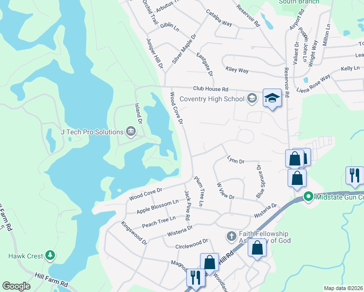 map of restaurants, bars, coffee shops, grocery stores, and more near 112 Wood Cove Drive in Coventry