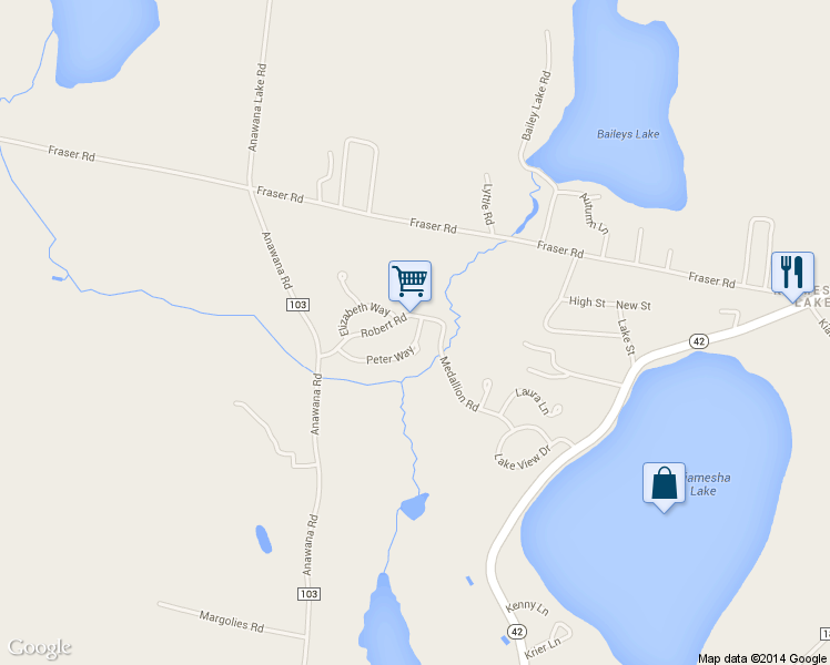 map of restaurants, bars, coffee shops, grocery stores, and more near 8 Peter Way in Kiamesha Lake