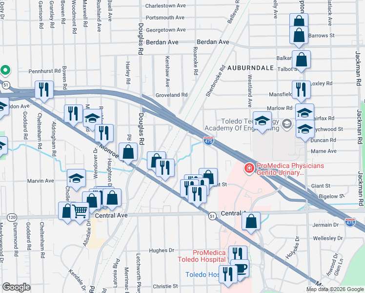 map of restaurants, bars, coffee shops, grocery stores, and more near 3329 Algonquin Parkway in Toledo