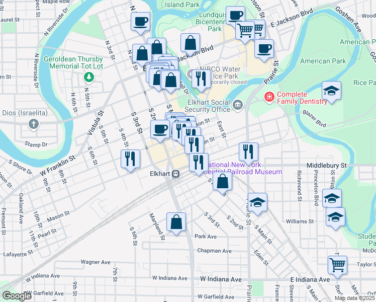 map of restaurants, bars, coffee shops, grocery stores, and more near 509 South Main Street in Elkhart